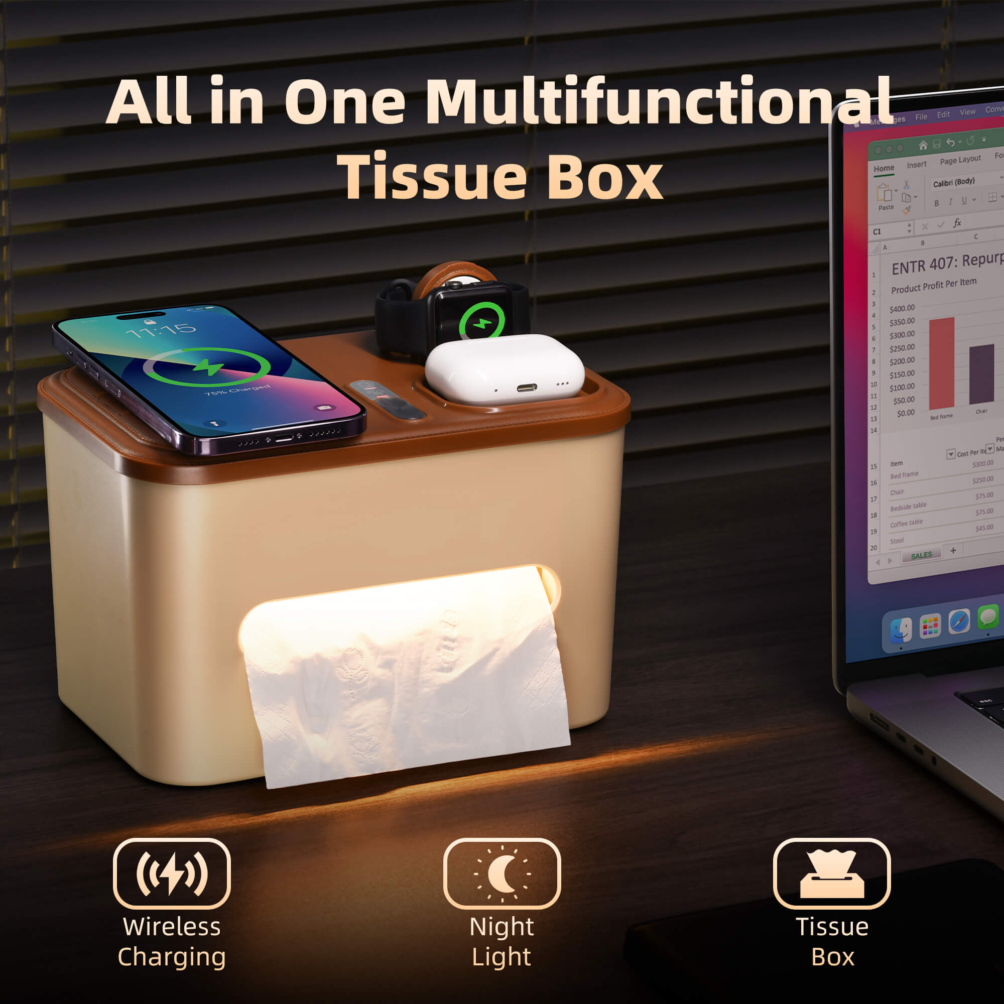Capon Multifunction Tissue Holder with 3 in 1 Fast Charging Station-Q1 Wireless Charging, Compatible Phone, Watch & AirPods, Rectangular Tissue Box Cover with Night Light for Home Office Decor Capon Multifunction Tissue Holder with 3 in 1 Fast Charging Station-Q1 Wireless Charging, Compatible Phone, Watch & AirPods, Rectangular Tissue Box Cover with Night Light for Home Office Decor